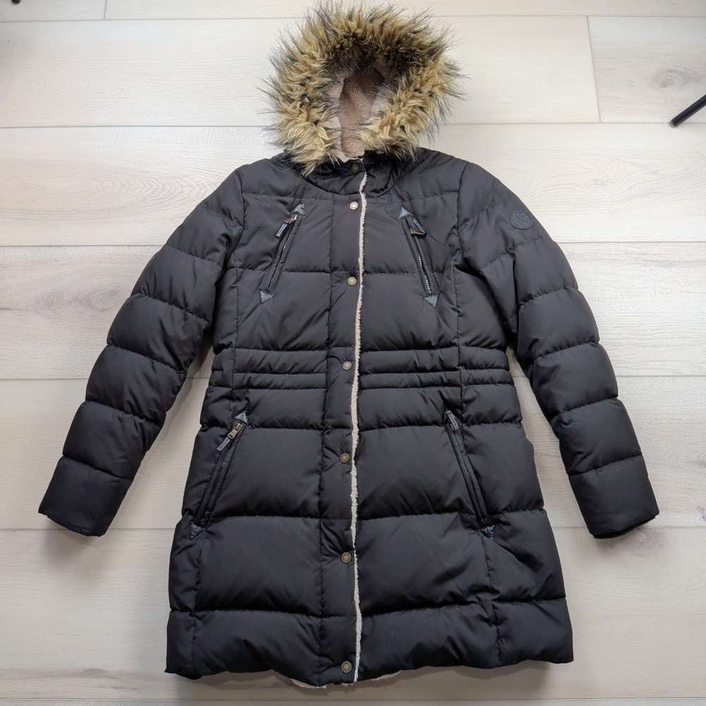 Lauren Ralph Lauren Black Down Puffer Coat Sherpa Hood Faux Fur Trim Women Small